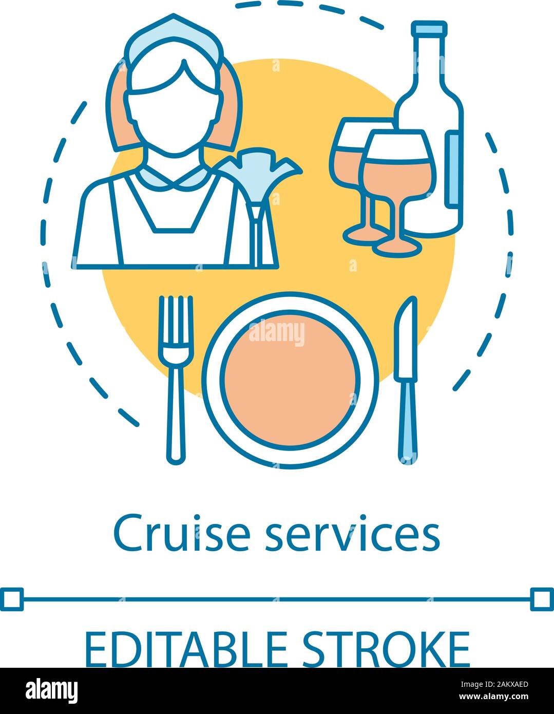 Concept services croisière icône. Bateau de croisière toilette idée fine ligne illustration. Repas et boisson. Nettoyant de navire. Le nettoyage et le service alimentaire. Vector isola Illustration de Vecteur