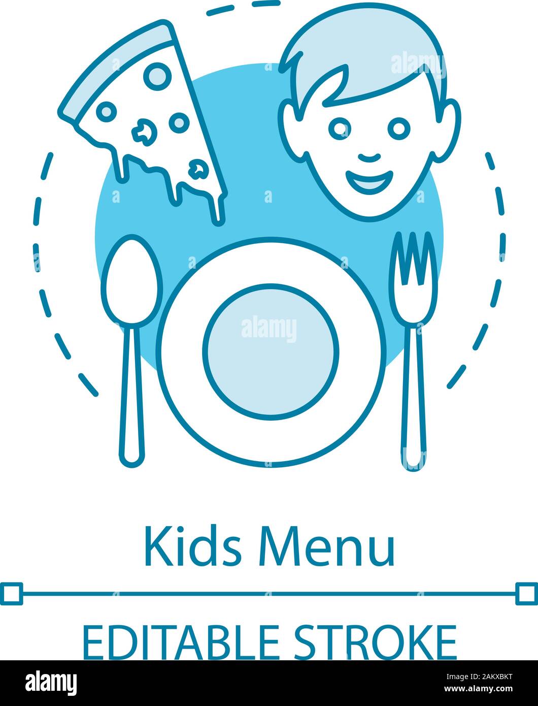 Concept menu enfants icône. Café de la famille. Aliments malsains. Repas fast-food. Plat, Dessert, kid, pizza. Les enfants pizzeria idée fine ligne illustration. Je vecteur Illustration de Vecteur