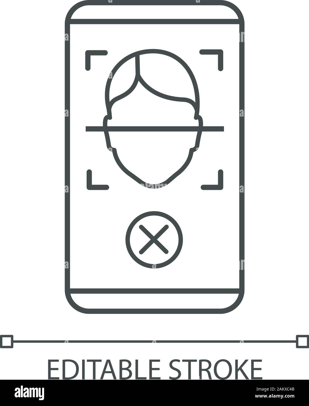 Face à l'icône de balayage linéaire de rejet. Blocage face mobile, application pour smartphone ligne fine illustration. Contour de reconnaissance faciale symbole. L'autorisation accès refusé. Illustration de Vecteur