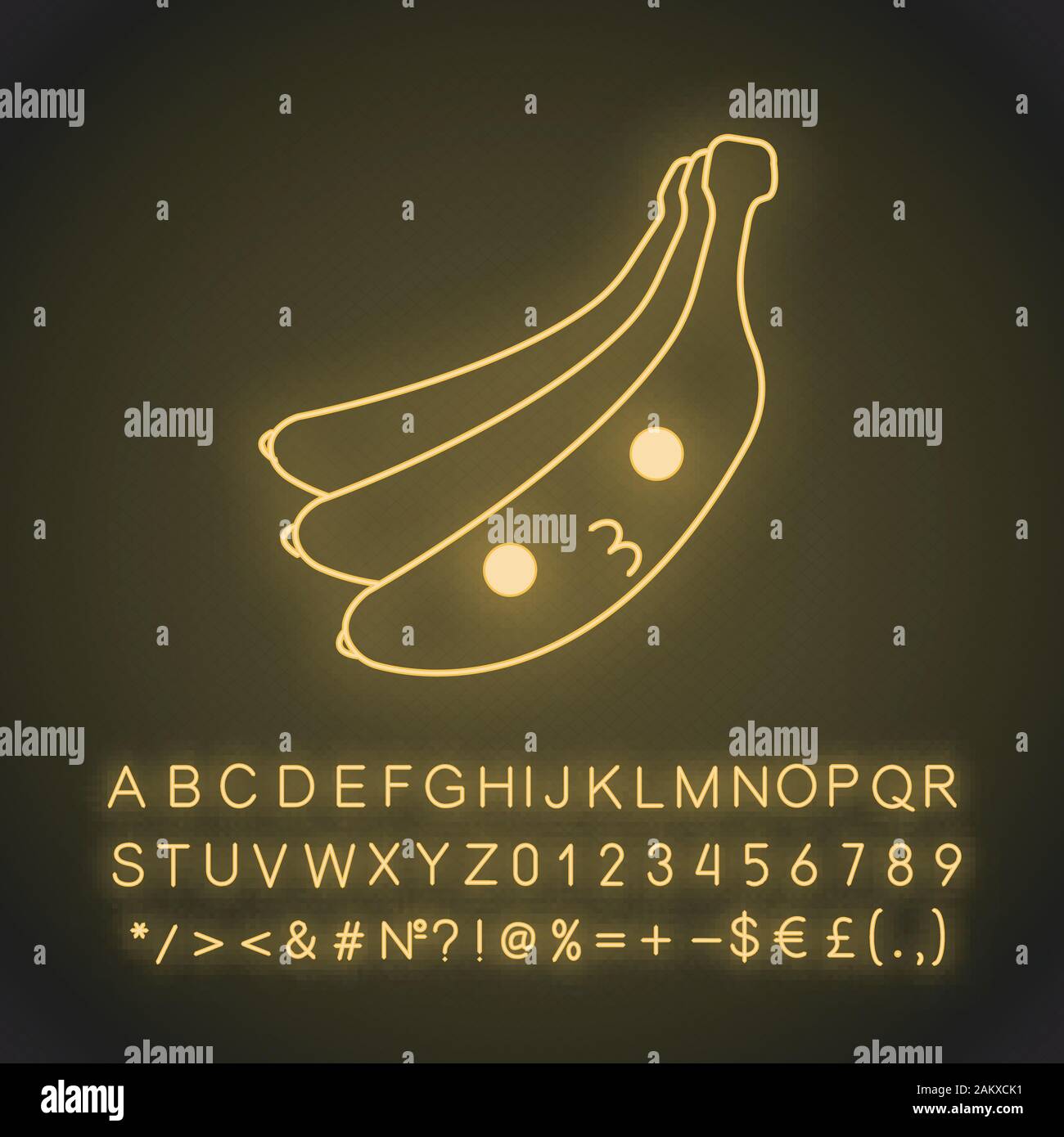 Cute kawaii neon light banane caractère. Fruit avec visage souriant. Professionnels de la nourriture. Emoji drôles, émoticône, baiser. Icône rayonnante avec l'alphabet, les nombres, symbole Illustration de Vecteur