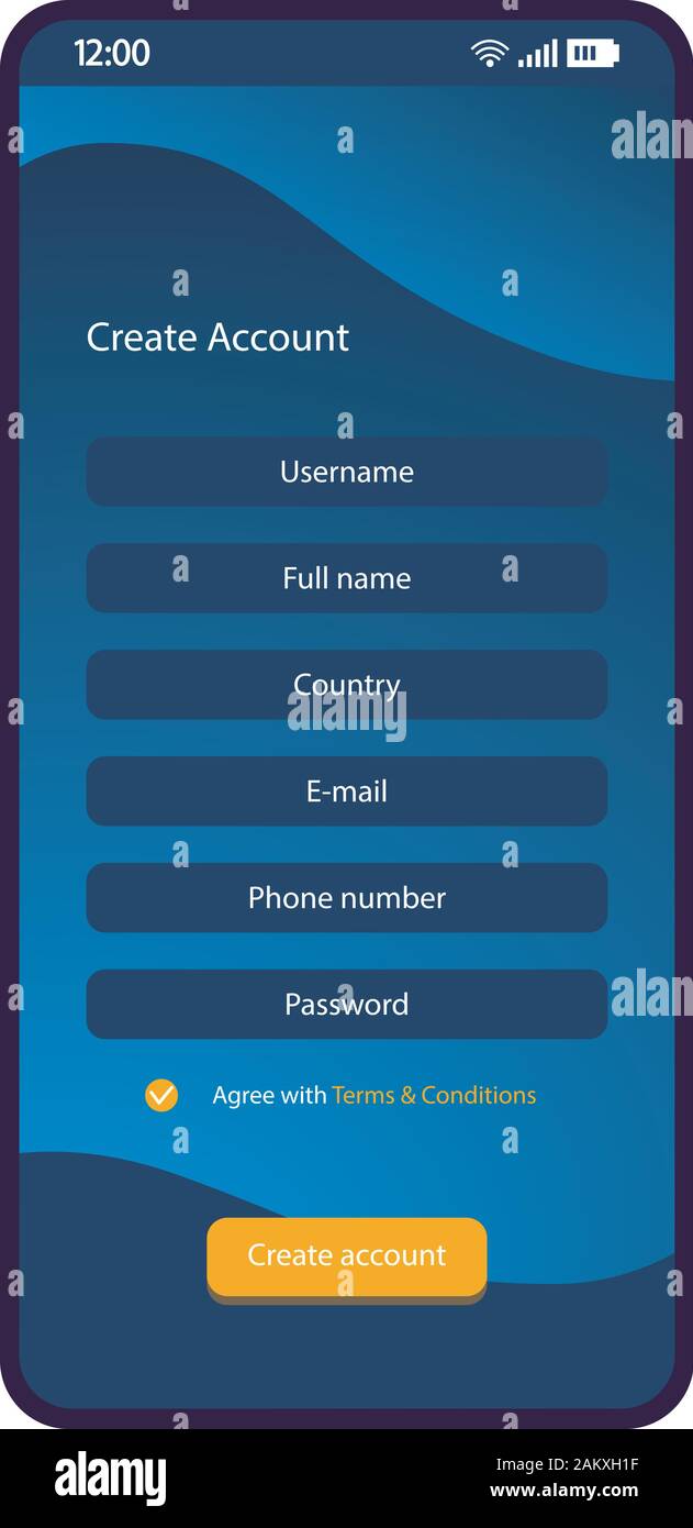 Créer un compte smartphone interface vector modèle. Page de connexion mobile blue design mise en page. Inscription Les champs obligatoires. Enregistrer formulaire écran. L'ASSURANCE-CHÔMAGE pour télévision Illustration de Vecteur