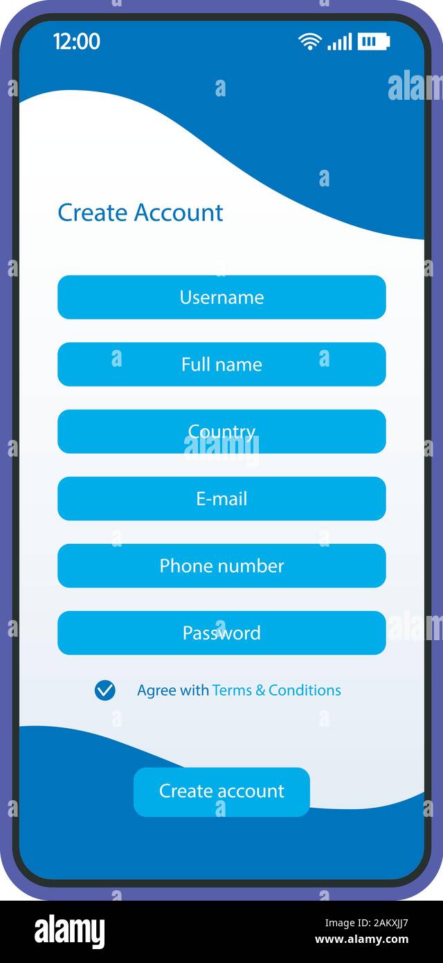Créer un compte smartphone interface vector modèle. Page de connexion mobile blue design mise en page. Inscription Les champs obligatoires. Enregistrer formulaire écran. L'ASSURANCE-CHÔMAGE pour télévision Illustration de Vecteur