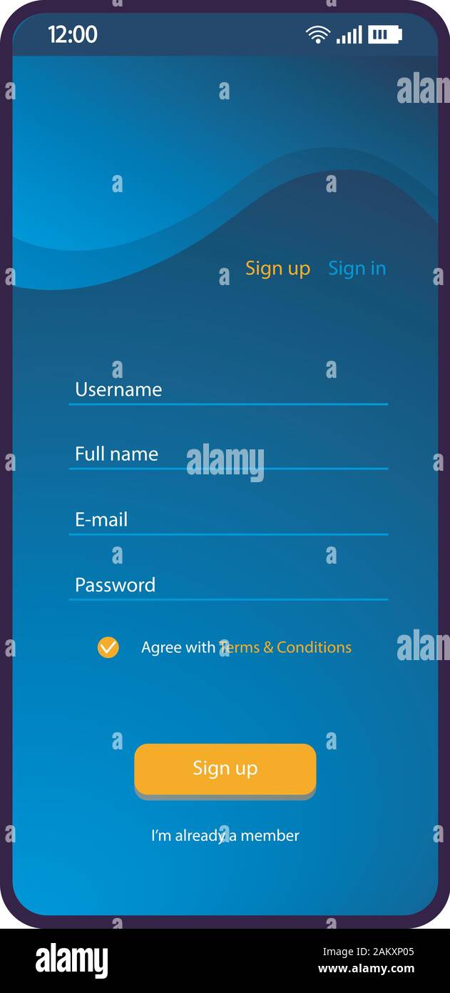 Formulaire d'interface smartphone modèle vectoriel. Mobile app blue design mise en page. S'inscrire page champs écran. L'interface utilisateur pour l'application. Télévision Nouvel utilisateur regis Illustration de Vecteur