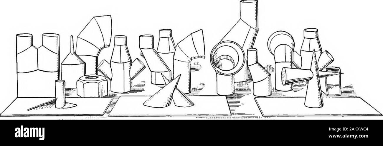 L'essentiel de la géométrie descriptive . Fig. 146. - Un modèle de papier. Un closeexamination thecowl de l'ouverture en vous montrera la méthode utiliséspour effectuer les joints. Fig. 147. - Un autre papermodel.. Fig. 148. - Une collection de papier les modèles fabriqués par les méthodes décrites ci-dessus.à l'exception de deux ou trois de ces modèles ont été faites par un studentsduring bien sûr. Les modèles qui sont utilisés ici à titre d'illustration, les deux modèles d'thefinished et ceux qui ont été coupés pour showmethods de construction, ont été faites par les étudiants dans le regularrequired au cours de géométrie descriptive à l'Université o Banque D'Images