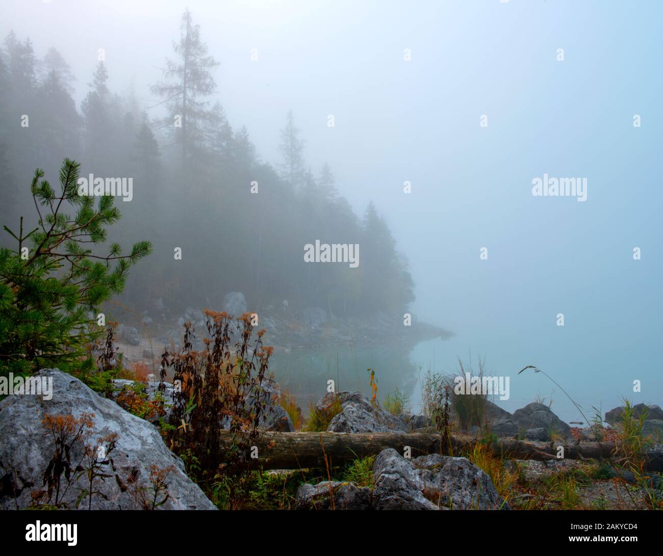 Eibsee brumeux et la montagne Zugspitze dans soleil du matin Banque D'Images