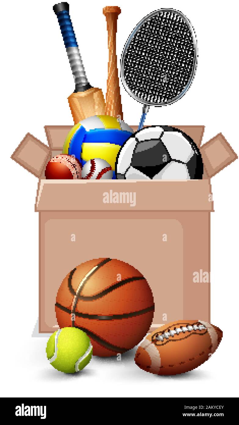 Boîte en carton plein de sport équipements sur fond blanc illustration Illustration de Vecteur