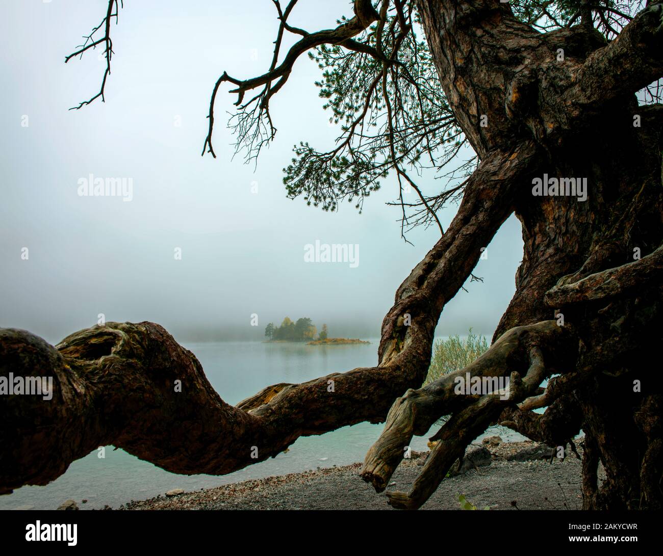 Eibsee brumeux et la montagne Zugspitze dans soleil du matin Banque D'Images