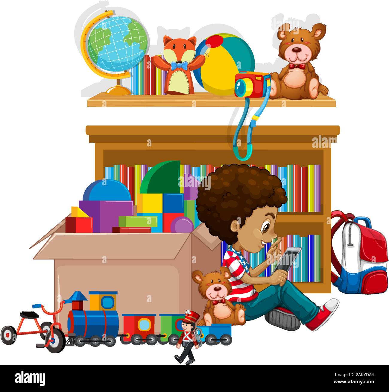 Tablette et boîte pleine de jouets sur fond blanc illustration Illustration de Vecteur