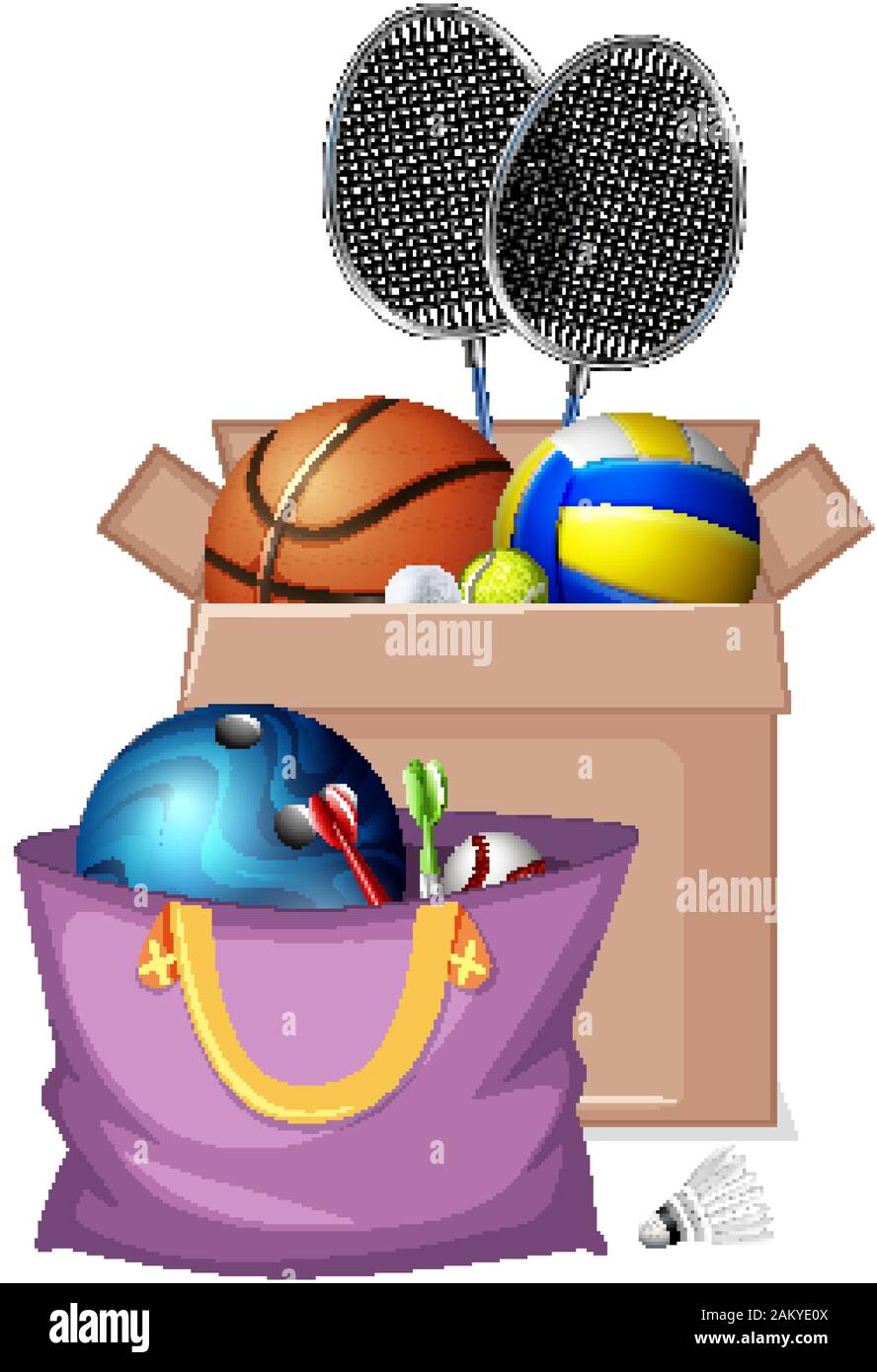 Boîte en carton plein de sport équipements sur fond blanc illustration Illustration de Vecteur