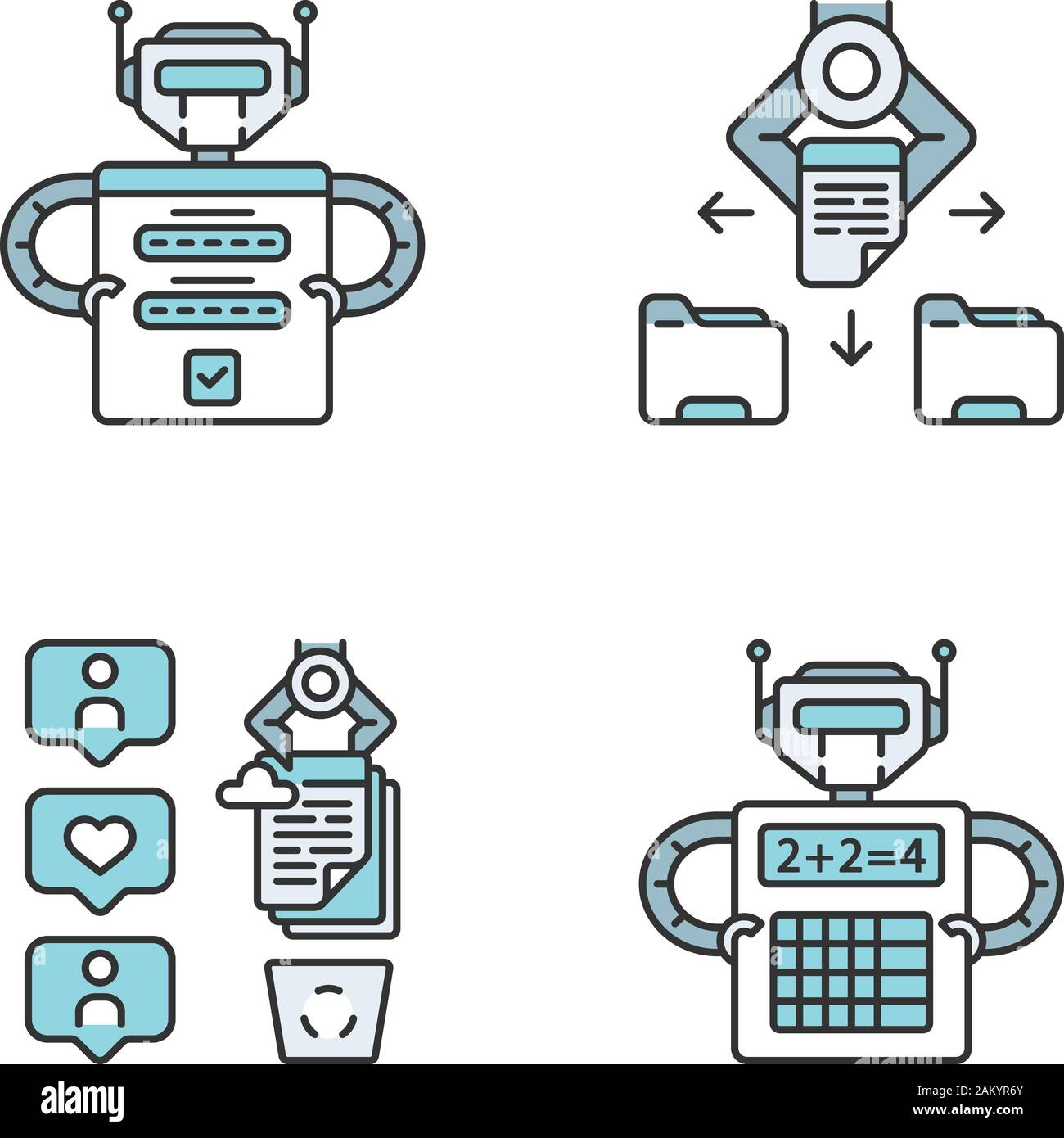 Couleur de l'APR icons set. Avantages de l'automatisation des processus robotisés. Connexion, fichiers et dossiers, données SM le raclage, calcul. Les travailleurs de l'intelligence artificielle. Est Illustration de Vecteur