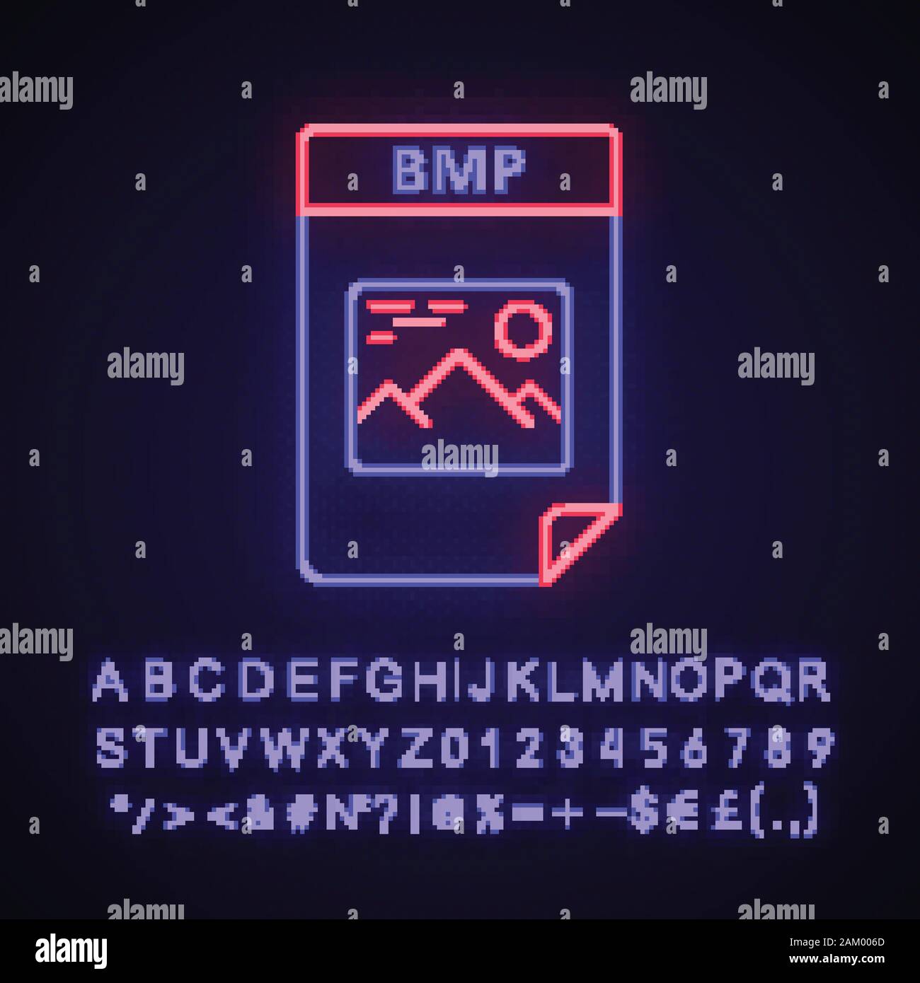 Fichier BMP neon light icône. Image bitmap. Graphiques Raster image file format. Signe rougeoyant avec alphabet, chiffres et symboles. Vector isolated illustrati Illustration de Vecteur