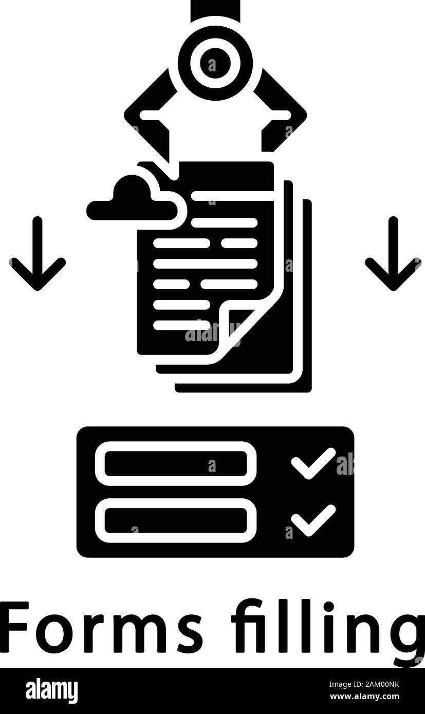 Remplissage de formulaires icône glyphe. L'entrée des données de formes du robot. La RPA. La technologie d'automatisation des processus d'écriture. Travailleur de l'IA. L'utilisation de services dans le cloud. Silhouette symbo Illustration de Vecteur