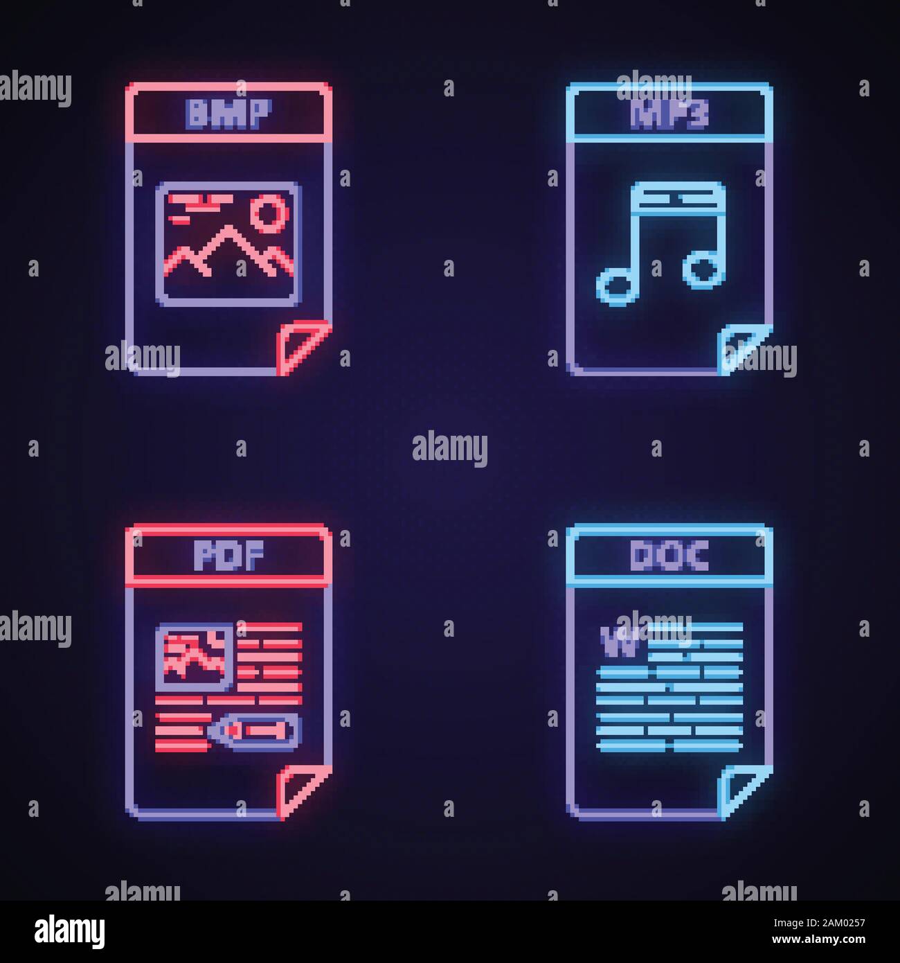 Format des fichiers neon light icons set. L'image, des fichiers audio, des documents texte. BMP, MP3, PDF, DOC. Les panneaux lumineux. Vector illustrations isolées Illustration de Vecteur