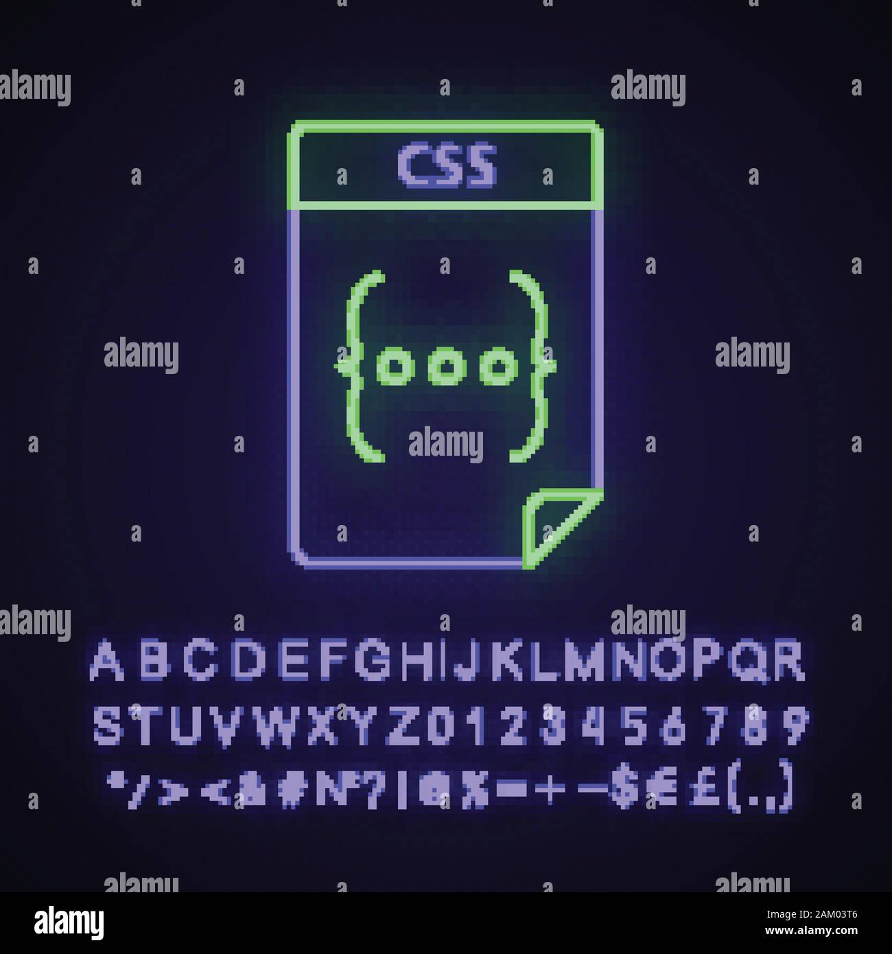 Fichier CSS neon light icône. Les feuilles de style en cascade. Format de fichier texte sur une page web. Signe rougeoyant avec alphabet, chiffres et symboles. Vector isolated illustrat Illustration de Vecteur