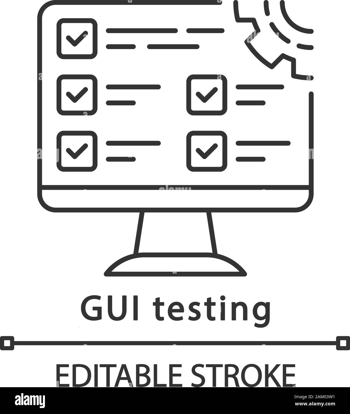 Test de l'icône de l'interface graphique linéaire. Paramètres du programme. Écran d'ordinateur. Testeur, ingénieur de l'assurance de la qualité du travail. Fine ligne illustration. Symbole de contour. Je vecteur Illustration de Vecteur