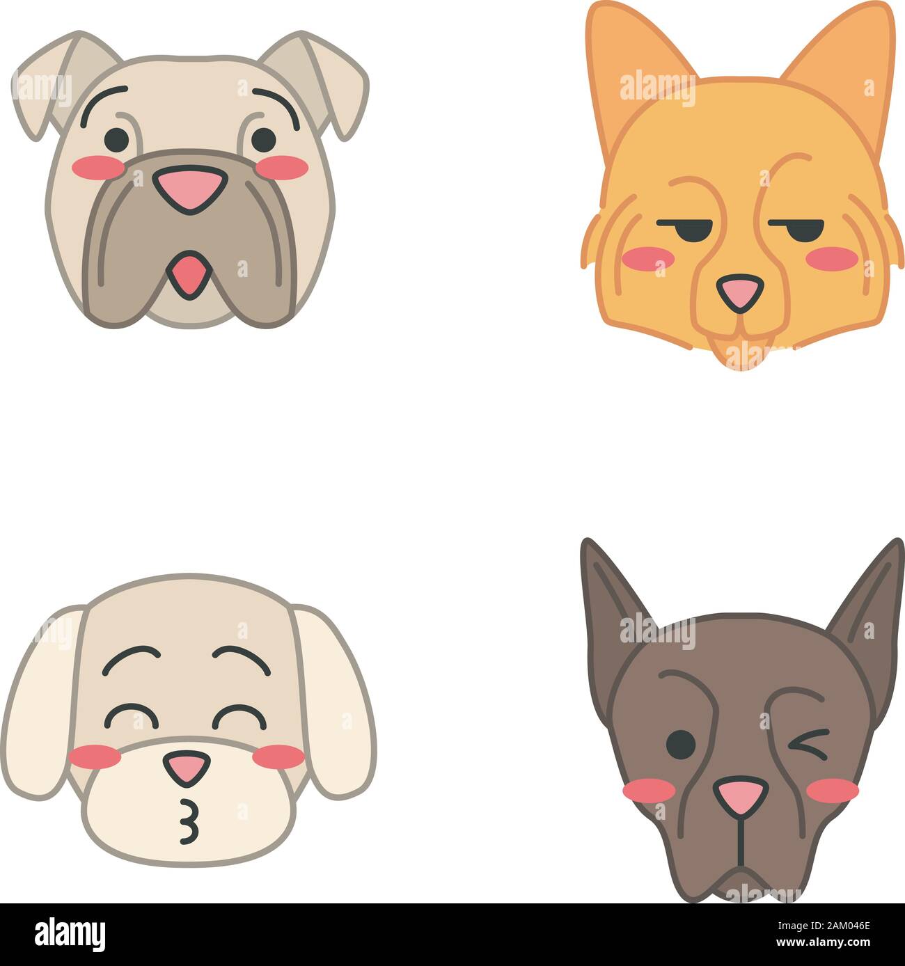 Kawaii cute chiens caractères vectoriels. Les animaux avec smiling muselières. Kissing maltais. Spitz Allemand souriant. Clignant de Doberman. Emoji drôle, autocollants, emo Illustration de Vecteur
