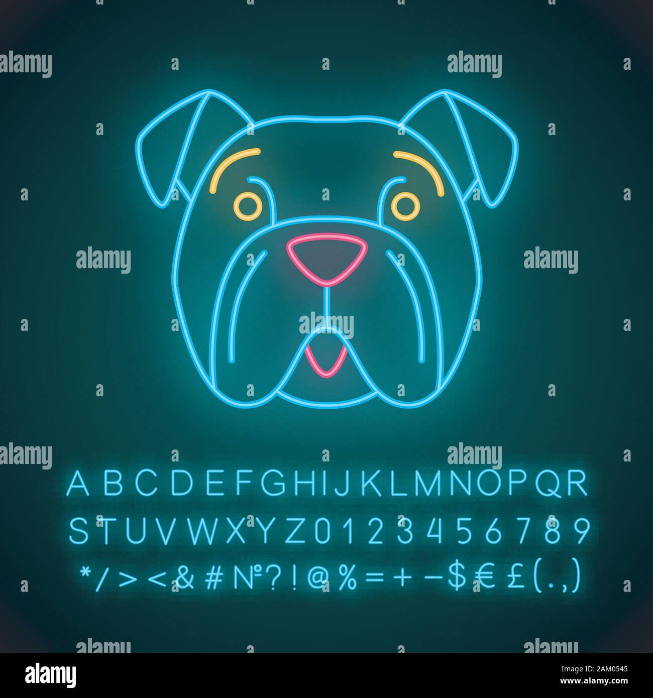 Kawaii cute Bulldog neon light caractère. Chien à museau feutrée. Des animaux heureux avec la bouche ouverte. Drôle, emoji émoticône. Icône rayonnante avec alphabet, num Illustration de Vecteur