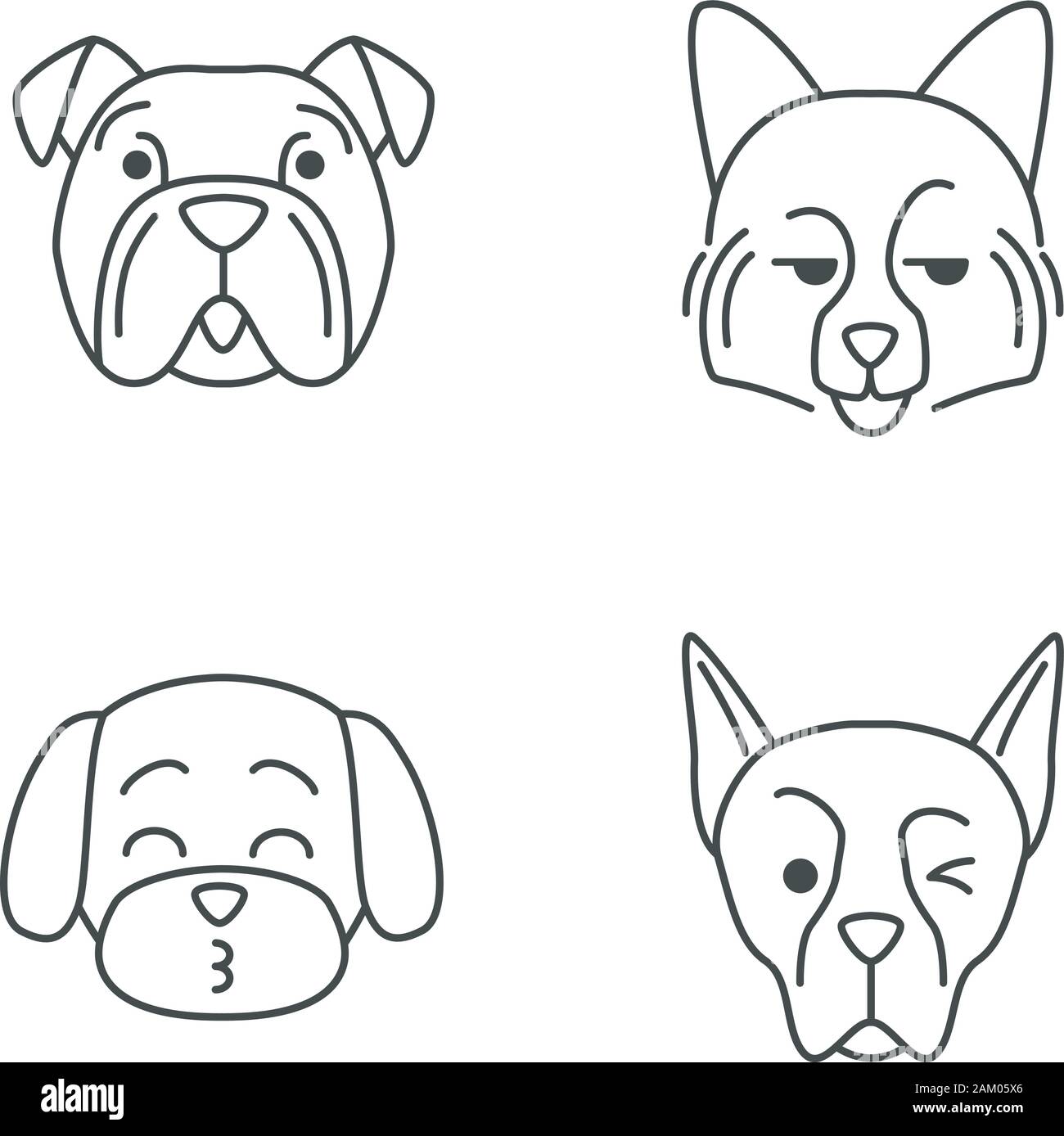 Kawaii cute chiens caractères linéaires. Fine ligne icon set. Kissing maltais. Spitz Allemand souriant. Clignant de Doberman. Les animaux avec smiling muselières. Vector Illustration de Vecteur