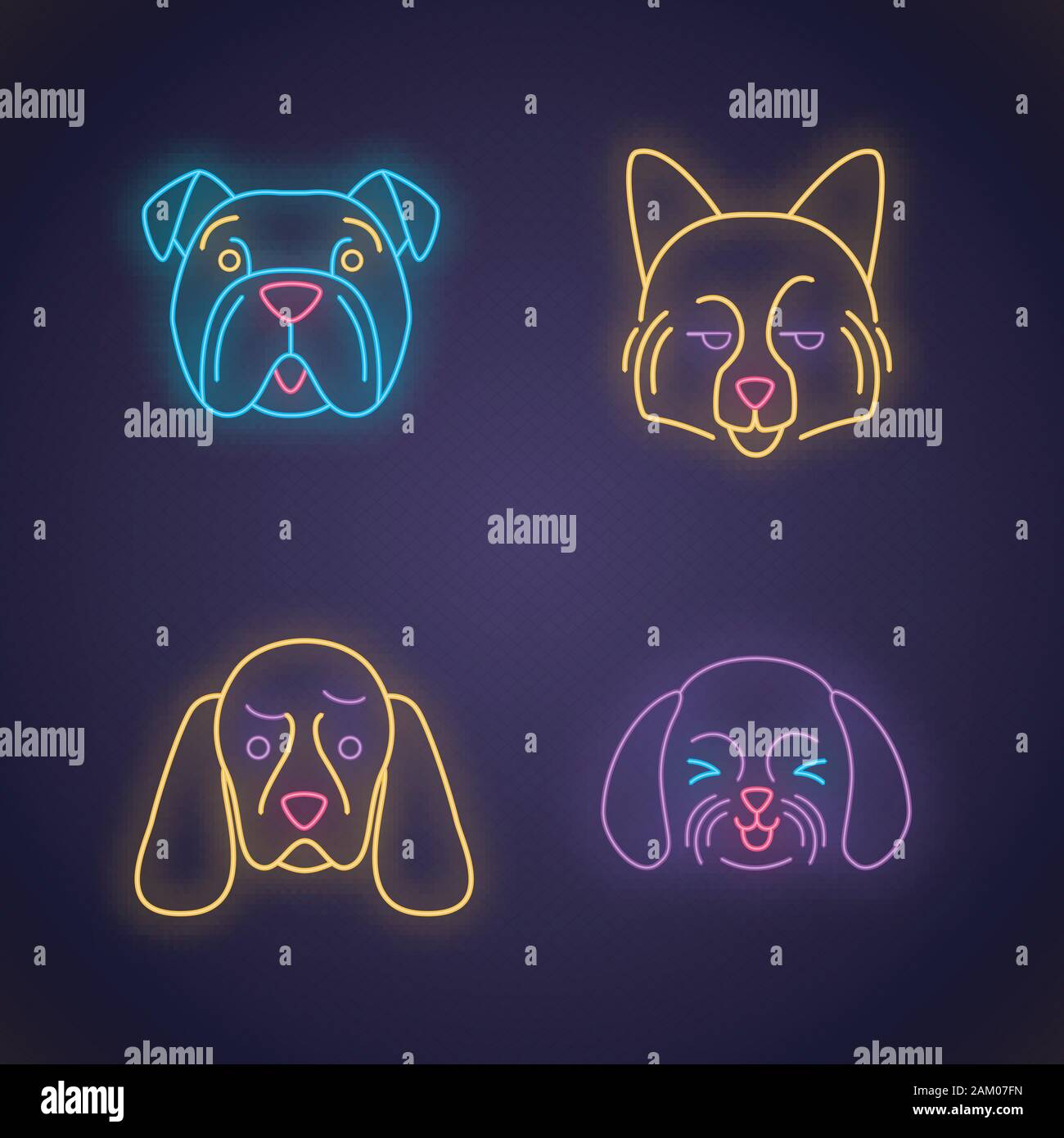 Kawaii cute chiens neon light caractères. Avec les animaux tristes muselières. Spitz Allemand souriant. Drôle, emoji émoticône. Icônes lumineux avec alphabet, numbe Illustration de Vecteur