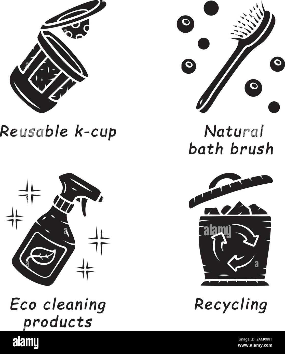 Swaps zéro déchet glyphe fait main icons set. Produits écologiques, matériaux. Le recyclage. Produits de nettoyage écologique, k-cup réutilisables, baignoire naturelle brosse. Sil Illustration de Vecteur