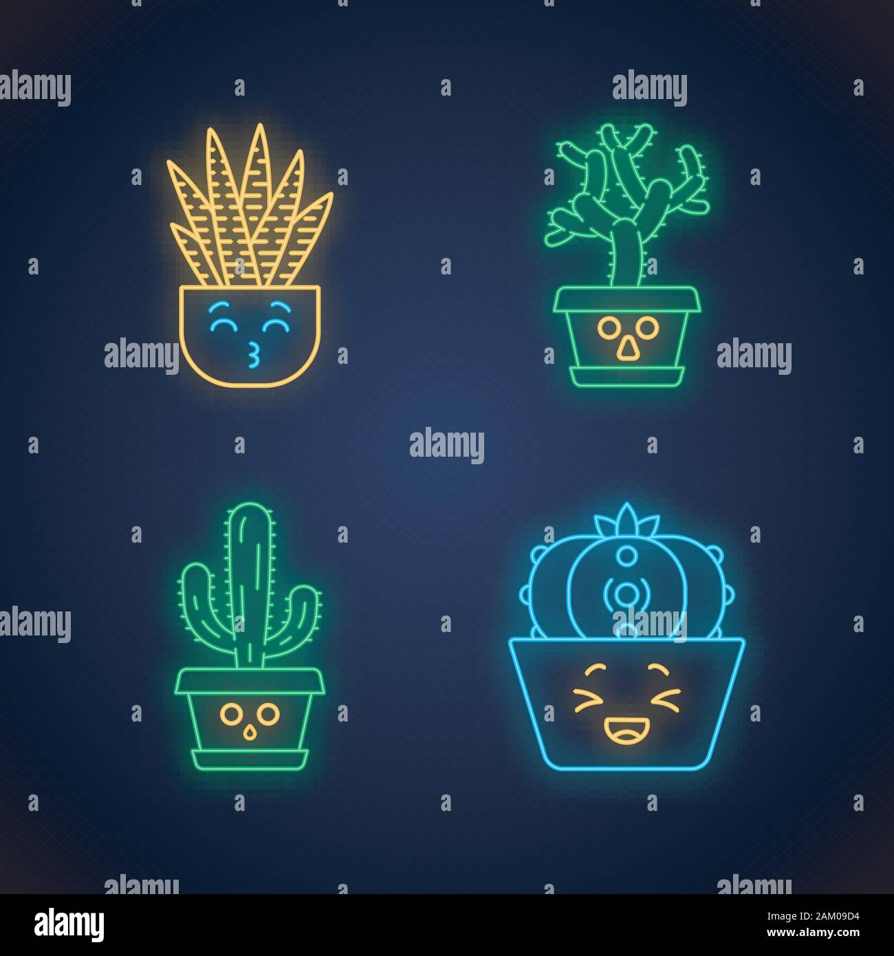 Cactus cute kawaii neon light caractères. Les plantes avec des visages tristes. Éléphant feutrée des cactus. Drôle, emoji émoticône. Icônes lumineux avec alphabet, numb Illustration de Vecteur