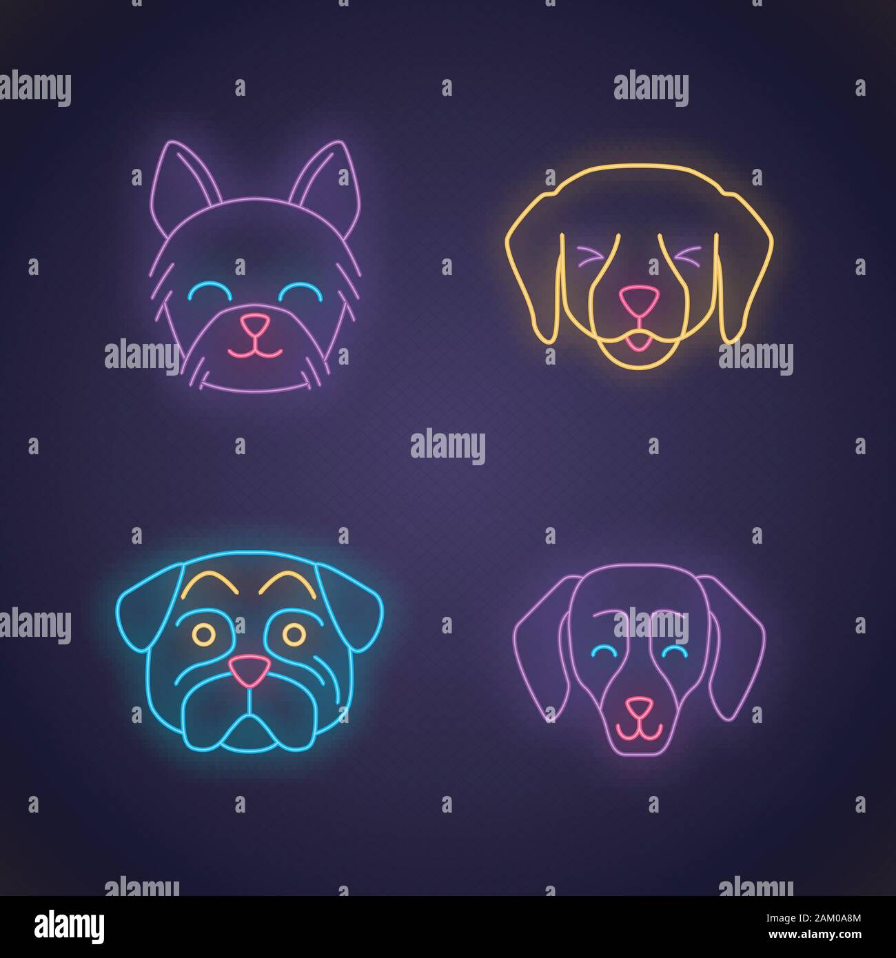 Kawaii cute chiens neon light caractères. Les animaux avec smiling muselières. Professionnels du Yorkshire Terrier. Drôle, emoji émoticône. Icônes lumineux avec alphabet, Illustration de Vecteur