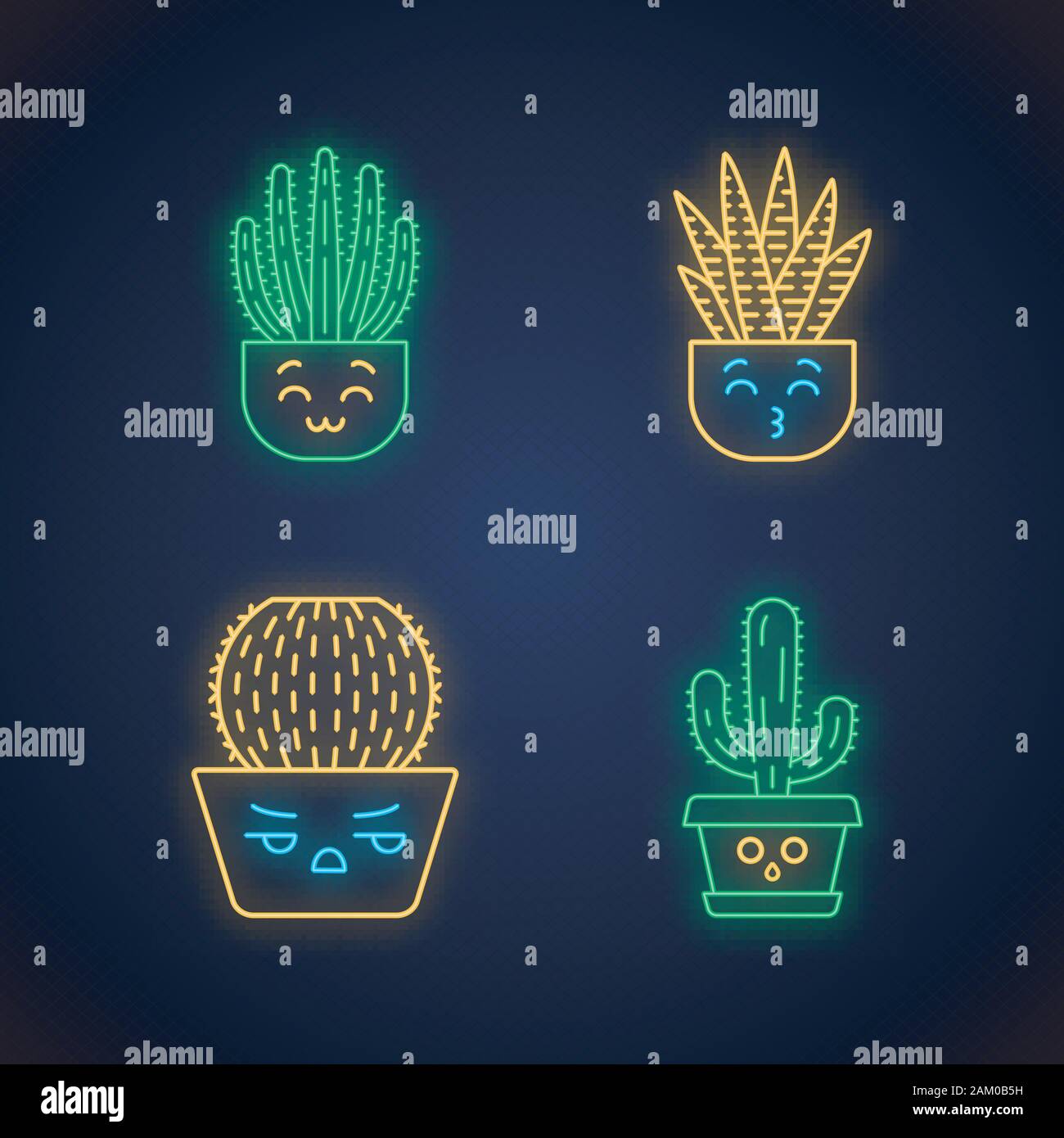 Cactus cute kawaii neon light caractères. Les végétaux avec des visages souriants. Kissing zebra cactus. Drôle, emoji émoticône. Icônes lumineux avec alphabet, n Illustration de Vecteur