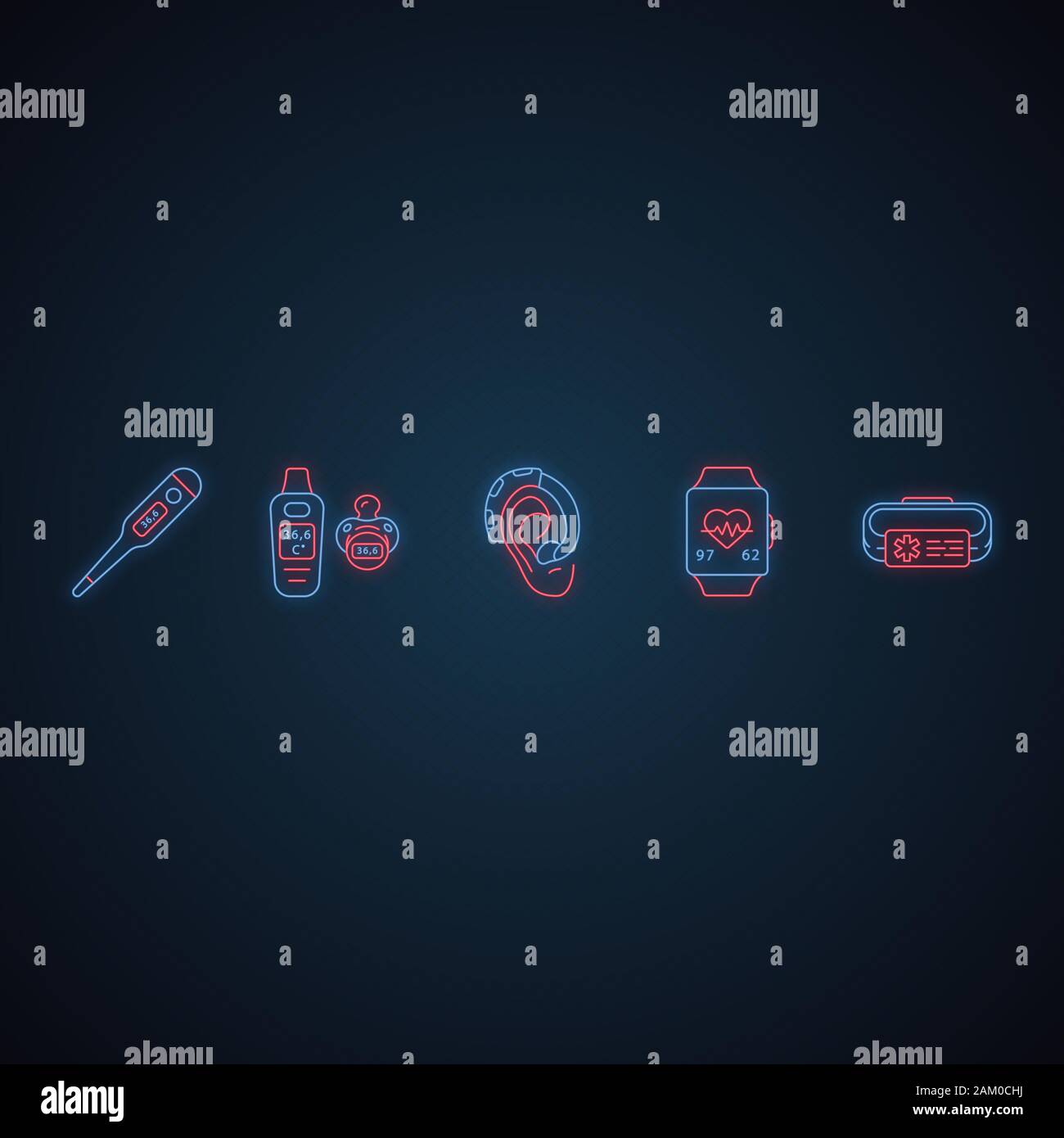 Les dispositifs médicaux neon light icons set. Digital thermomètre tétine, axillaires, suivi de remise en forme, d'un amplificateur, d'un bracelet d'alerte médicale. Glowi Illustration de Vecteur