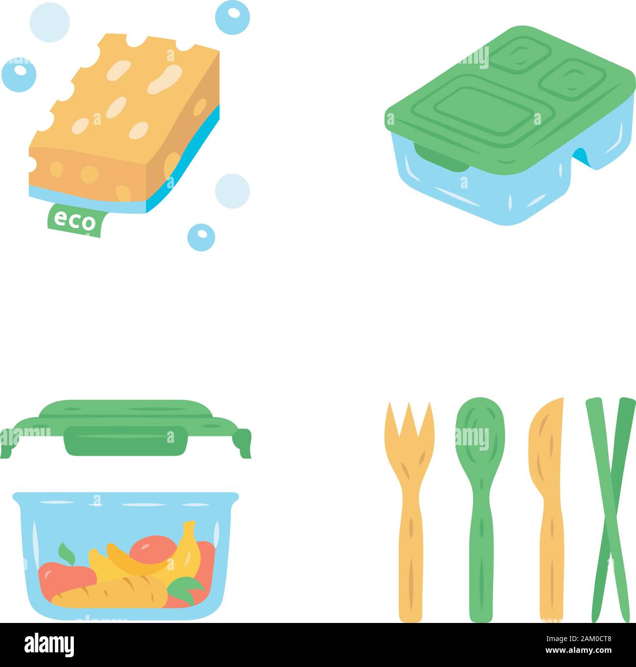 Swaps zéro déchet handmade design plat long shadow color icons set. Ecologique, durable, bio, produits naturels. Les éponges Eco, réutilisable le déjeuner b Illustration de Vecteur