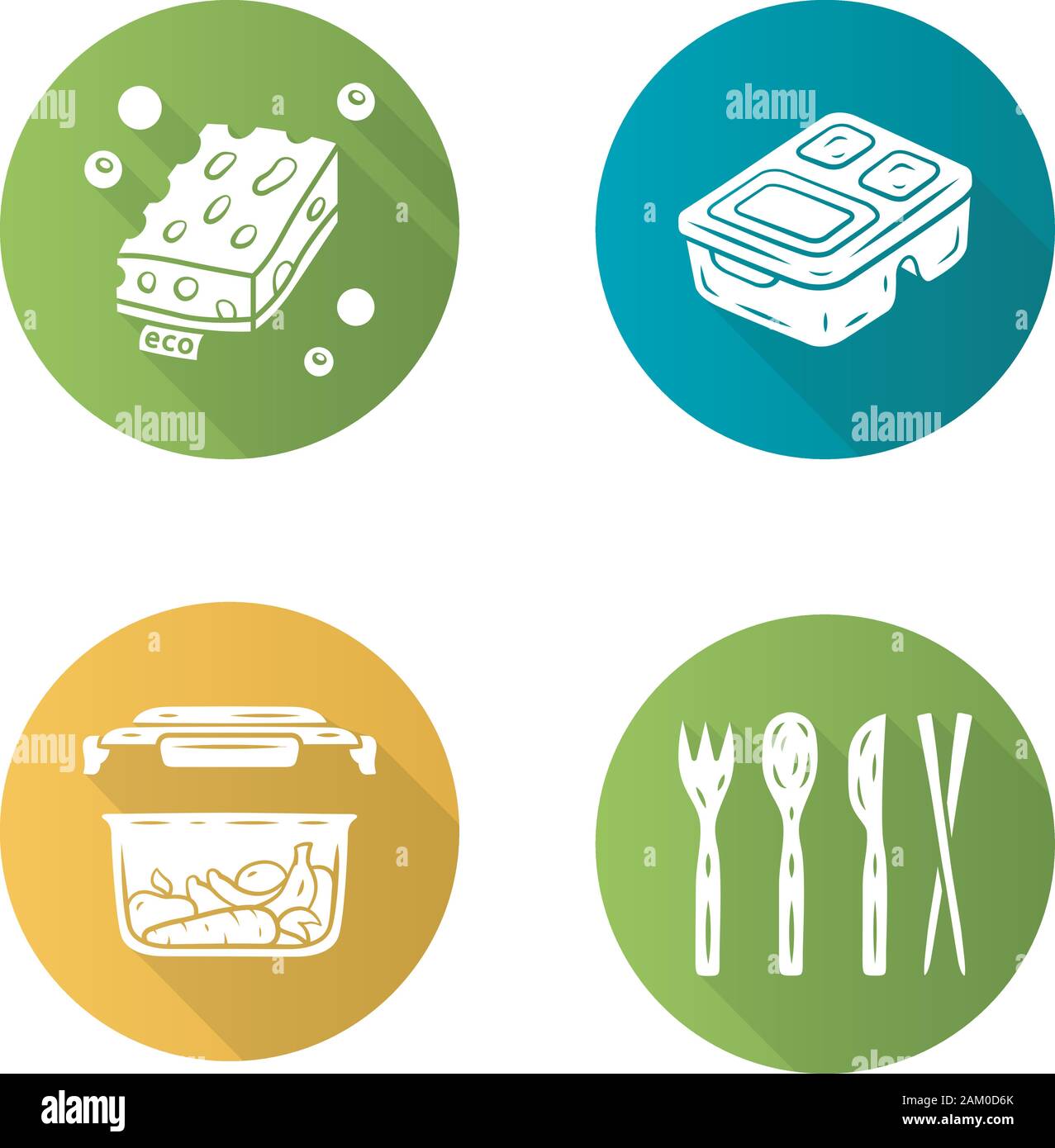 Swaps zéro déchets design plat fait main ombre portée de l'ensemble des icônes de glyphe. Ecologique, durable, bio, produits naturels. Les éponges Eco, réutilisable le déjeuner b Illustration de Vecteur