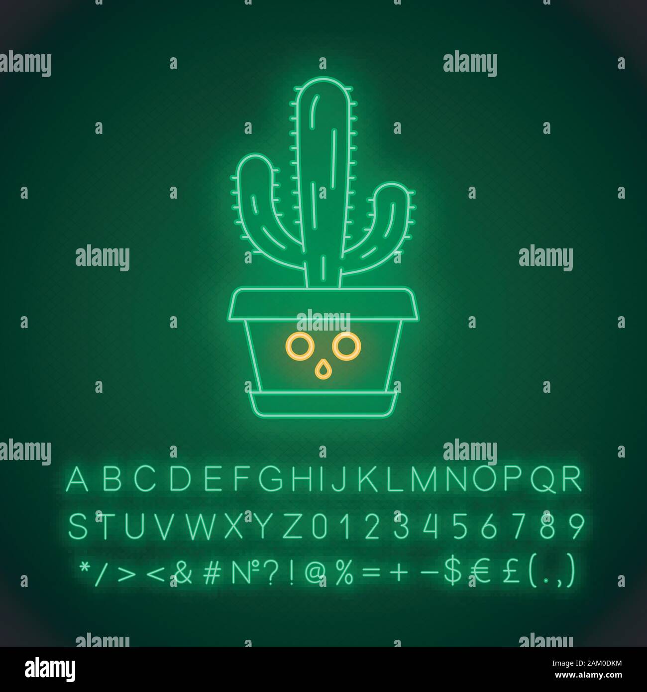 Cactus éléphant kawaii cute neon light caractère. Pachycereus avec face feutrée en pot. Cardon géant mexicain. Drôle, emoji émoticône. Avec l'icône rayonnante Illustration de Vecteur