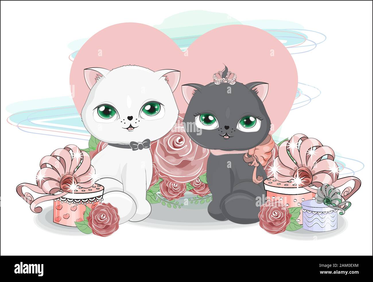 Deux chats valentine Couple, garçon et fille, avec coeur et cadeaux dans les roses. Photo en Dessin à la main, style cartoon pour t-shirt d'impression Mode d'usure de Illustration de Vecteur