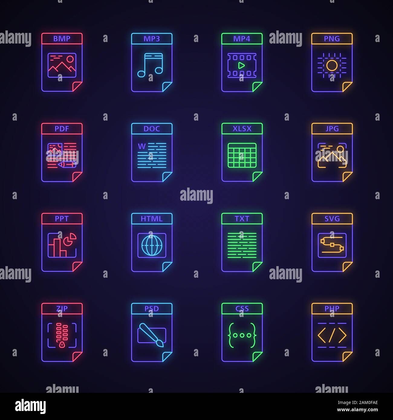 Format des fichiers neon light icons set. Multimédia, texte, image, fichiers numériques sur le web. Bmp, mp3, mp4, png, pdf, doc, jpg, XLSX, PPT, HTML, txt, SVG, zip, php, Illustration de Vecteur