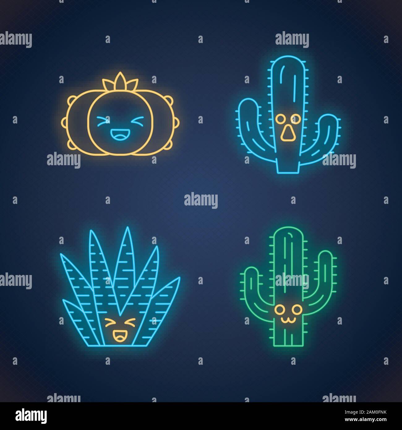Cactus cute kawaii neon light caractères. Les végétaux avec des visages souriants. Rire peyotl. Drôle, emoji émoticône. Icônes lumineux avec alphabet, Illustration de Vecteur