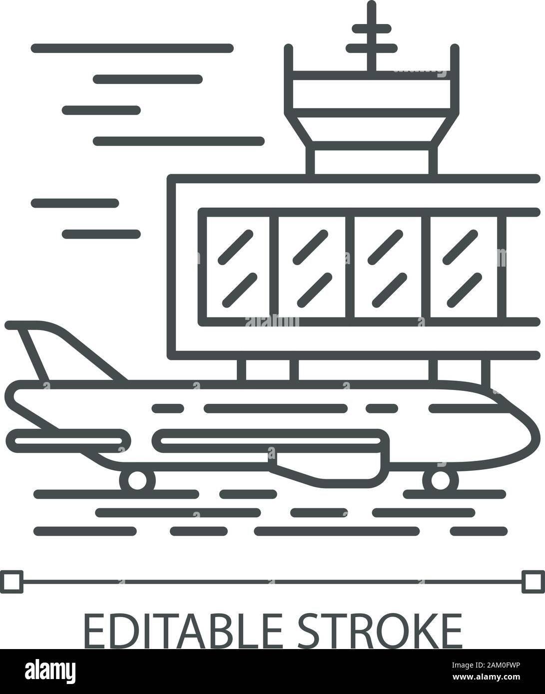 L'extérieur de l'aéroport l'icône linéaire. La piste d'avion. Atterrissage de l'avion. La construction de l'aérodrome. Jet Aviation. L'aviation. Fine ligne illustration. Symbole de contour. Illustration de Vecteur