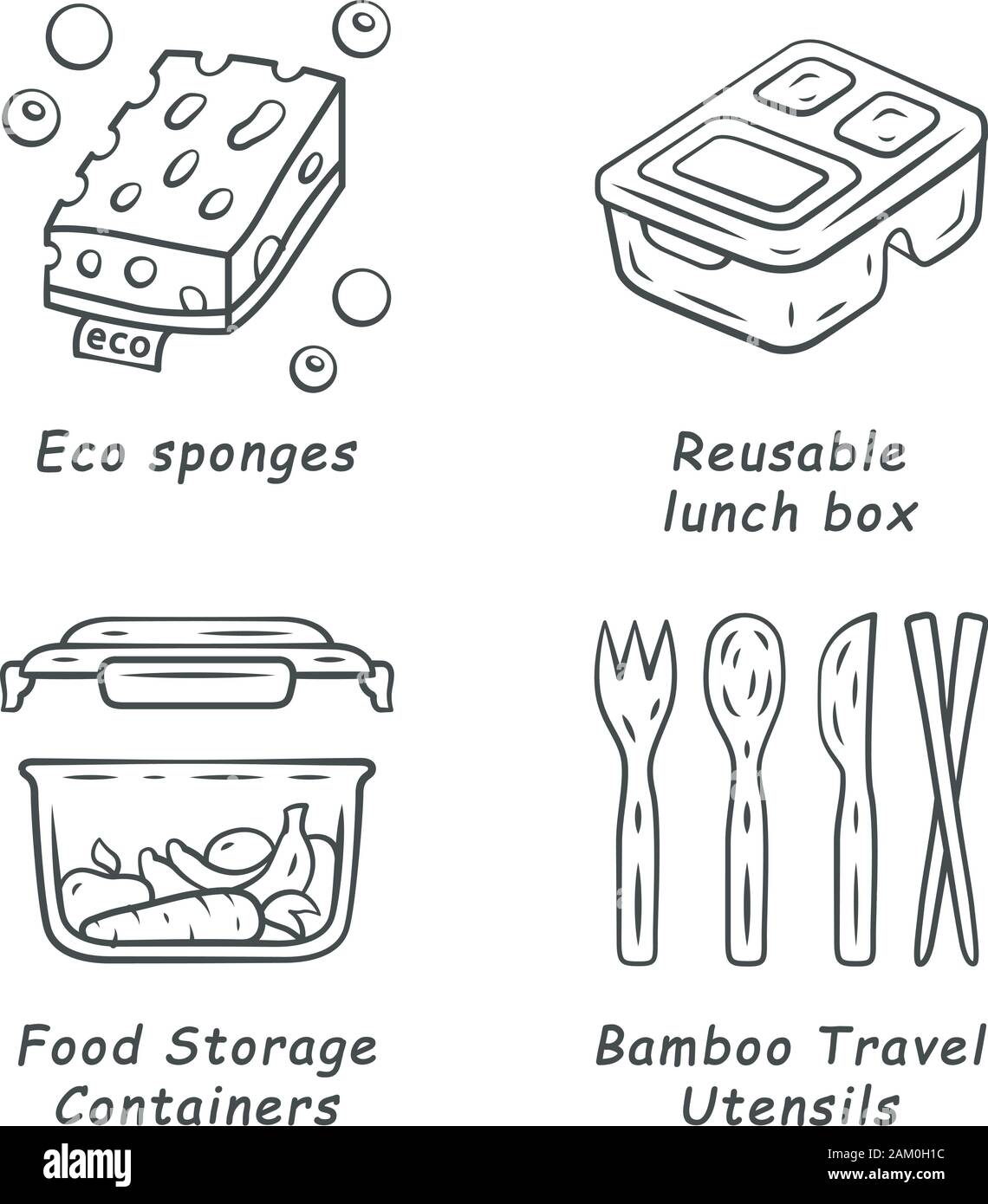Swaps zéro déchet linéaire fait main icons set. Éco-matériaux. Les éponges Eco, boîte à lunch réutilisables, des contenants pour aliments. Fine ligne contour des symboles. Isola Illustration de Vecteur