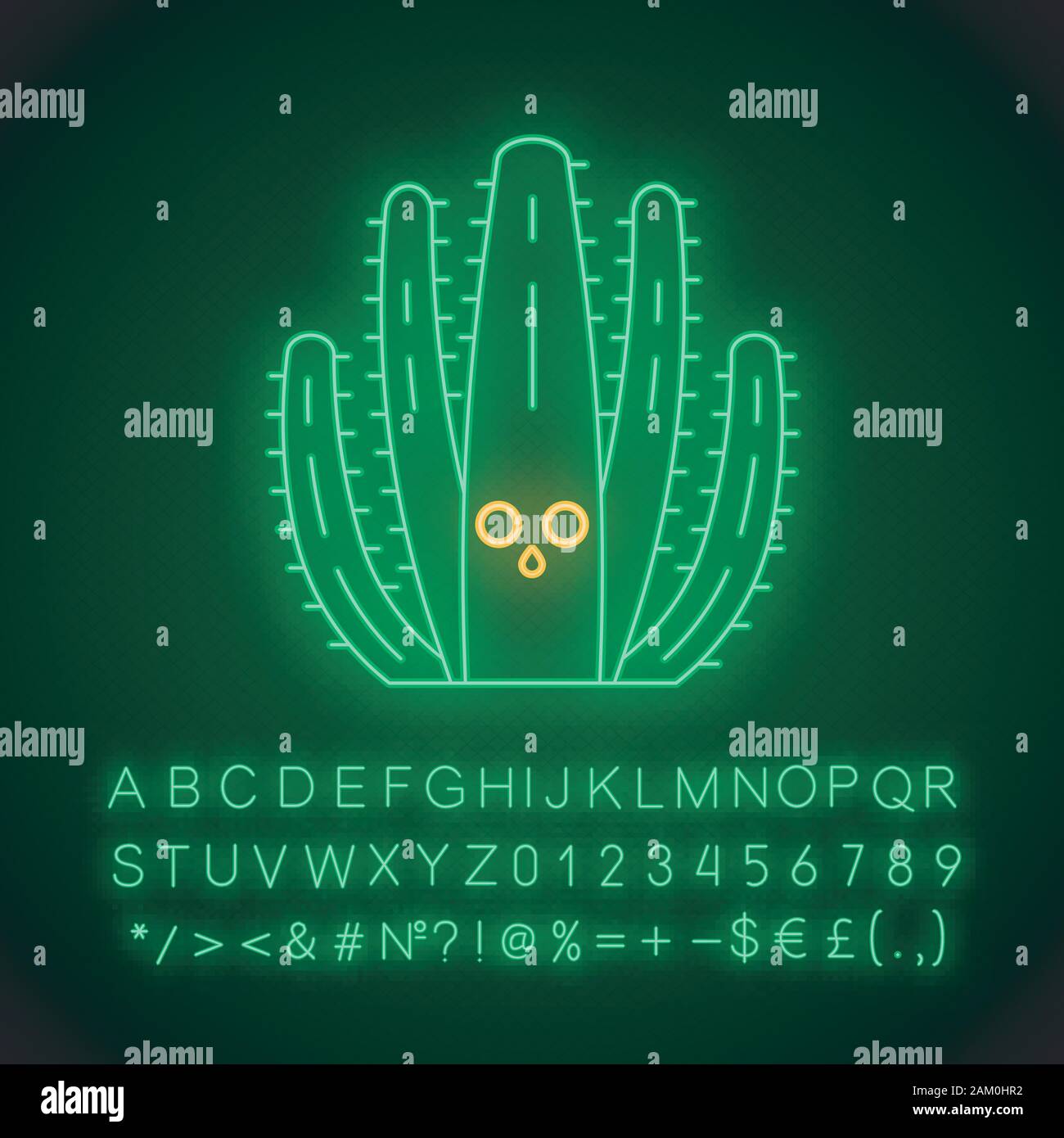 Tuyau d'orgue cactus cute kawaii neon light caractère. Avec Cactus face feutrée. El jardin de cactus sauvages. Drôle, emoji émoticône. Icône rayonnante avec alphabet, n Illustration de Vecteur