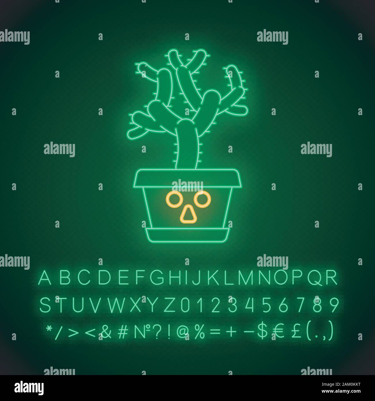 Cholla nounours kawaii cute neon light caractère. Cactus avec étonnement face. Plante en pot malheureux. Drôle, emoji émoticône. Icône rayonnante avec alphab Illustration de Vecteur