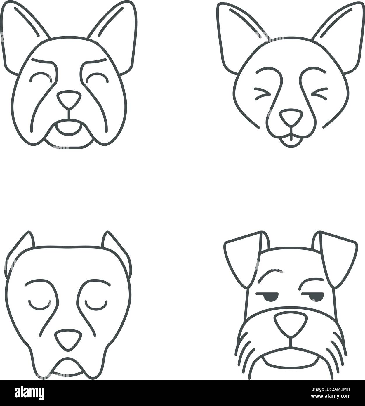 Kawaii cute chiens caractères linéaires. Fine ligne icon set. Schnauzer Mini sourire. Rire Border Collie, Bouledogue Français. Avec les animaux tristes muselières. Vec Illustration de Vecteur