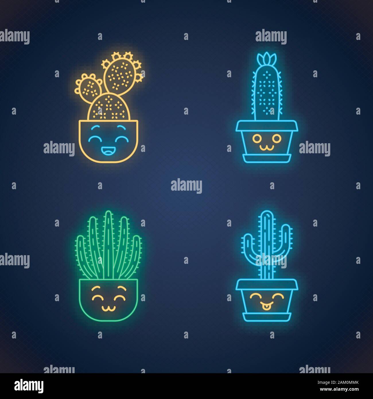 Cactus cute kawaii neon light caractères. Plante avec visage souriant. Heureux hedgehog cactus en pot. Drôle, emoji émoticône. Icônes lumineux avec alphab Illustration de Vecteur