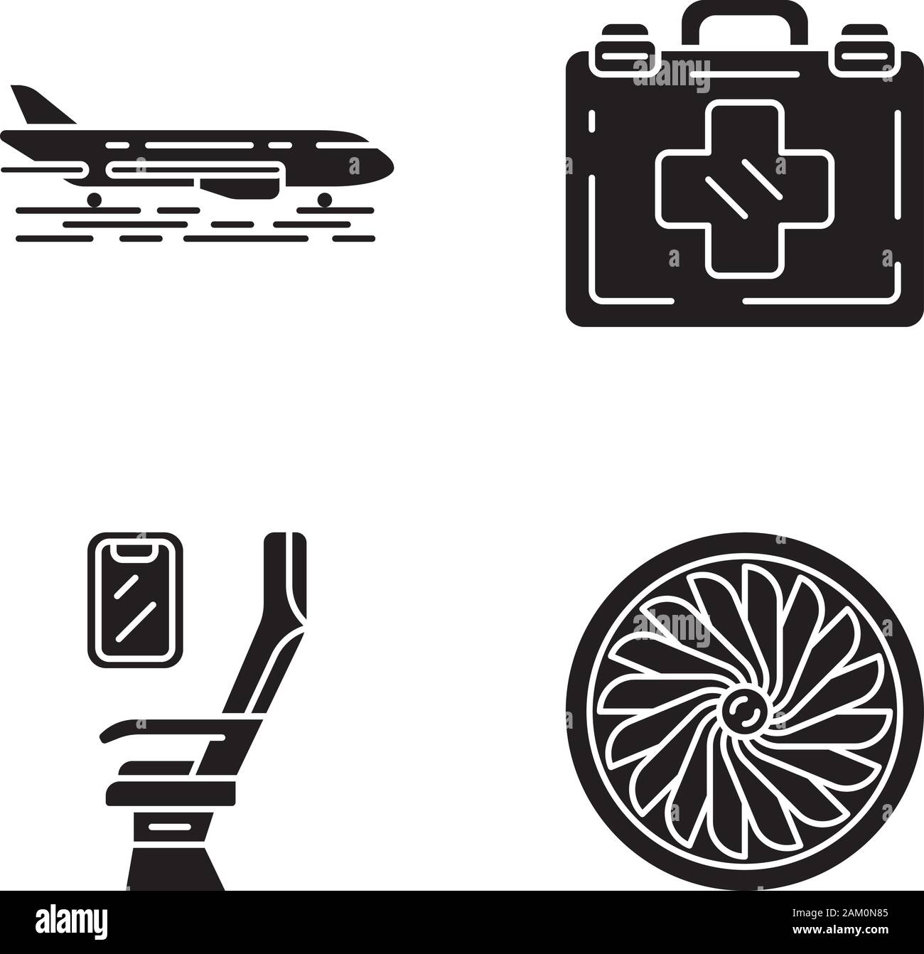 Aviation Services glyph icons set. Plan sur la masse. Coin salon confortable de l'avion, d'une trousse de premiers soins, jet turbine. Billet d'avion. Voyage Services et équipements. Silhou Illustration de Vecteur