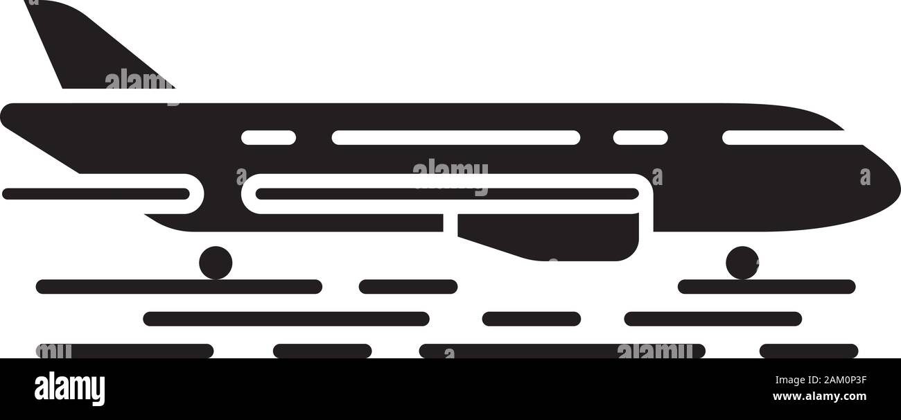 Plan sur l'icône glyphe au sol. La piste du jet. Atterrissage de l'avion. De l'air terminal. Service de l'aviation. Billet d'avion. Avion de voyage. Symbole de Silhouette. Illustration de Vecteur