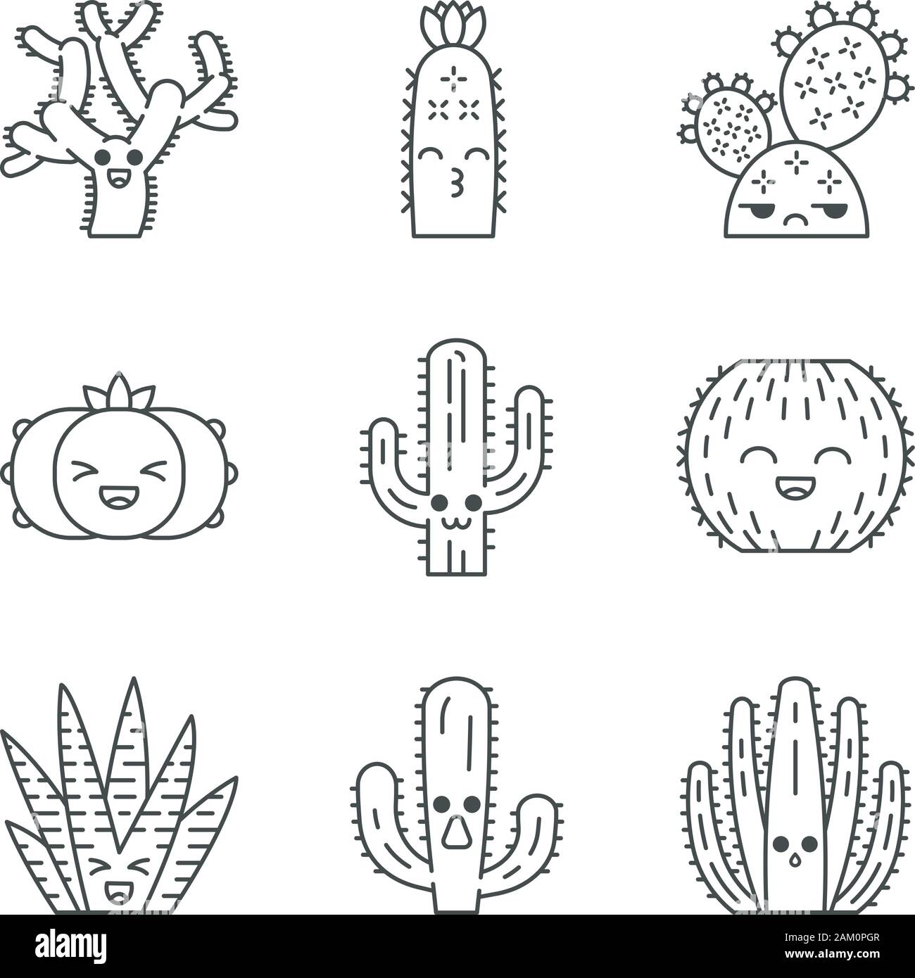 Cactus cute kawaii caractères linéaires. Les végétaux à visage souriant. Rire baril et Peyote cactus. Kissing hedgehog cactus. Fine ligne icon set. Vec Illustration de Vecteur