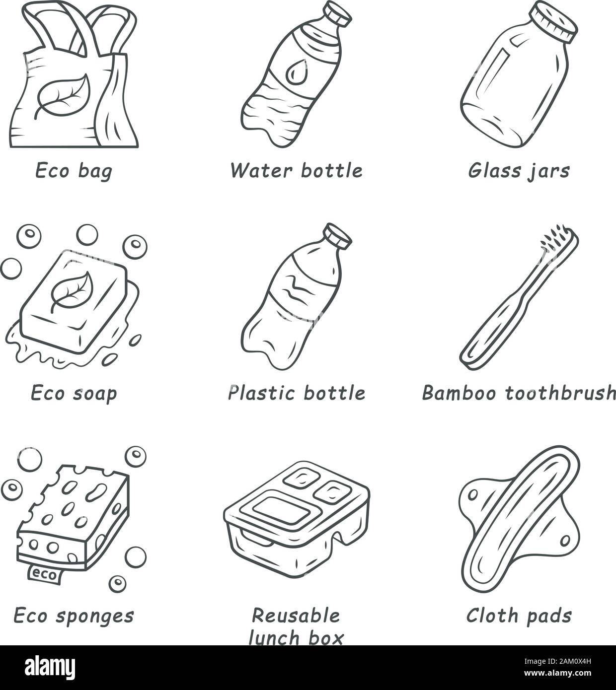 Swaps zéro déchet linéaire fait main icons set. Produits écologiques. Boîte à lunch réutilisables eco, éponges, bouteille en plastique. Fine ligne contour des symboles. Isoler Illustration de Vecteur