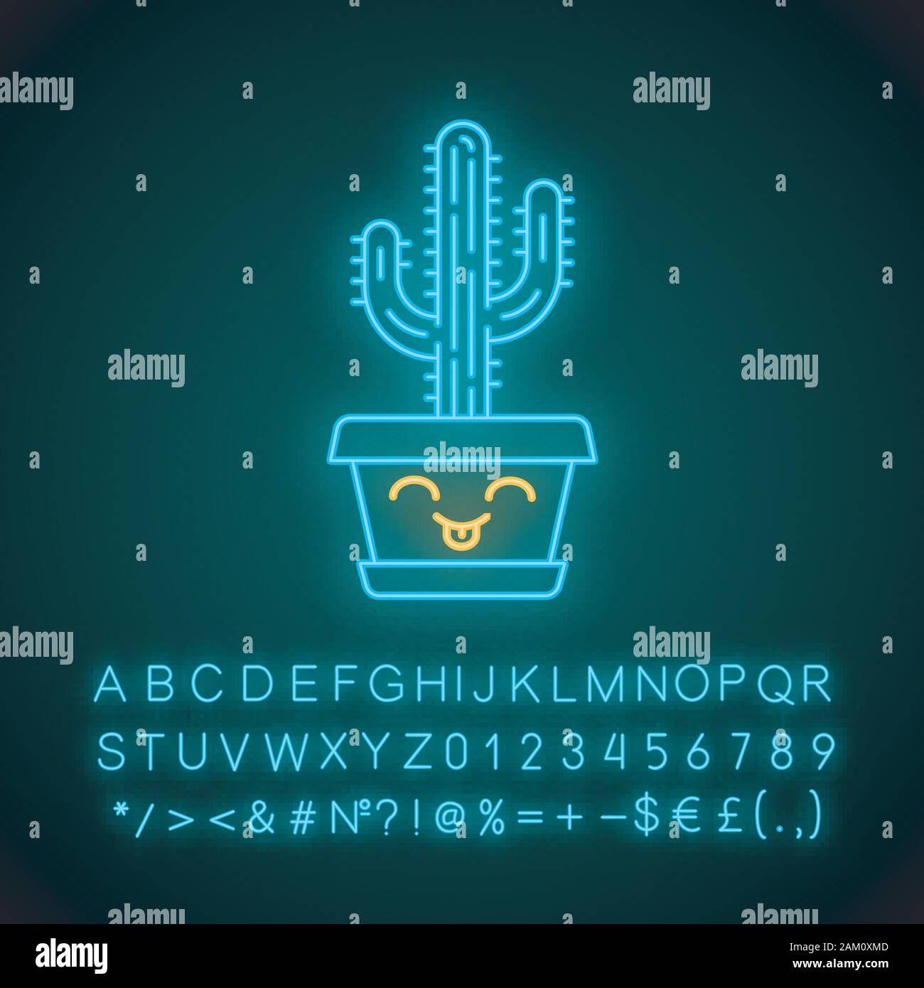 Kawaii cute Saguaro neon light caractère. Cactus avec visage souriant. Happy Home cactus en pot. Drôle, emoji émoticône. Icône rayonnante avec alphabet, nombre Illustration de Vecteur