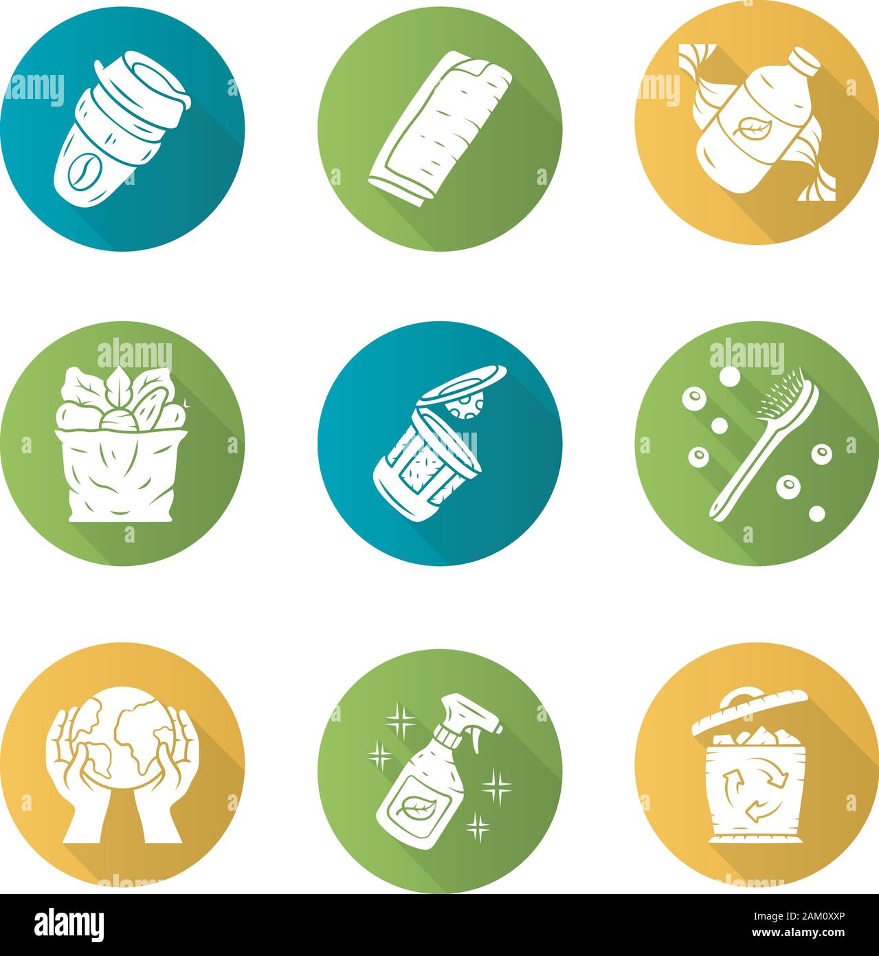 Swaps zéro déchets design plat fait main ombre portée de l'ensemble des icônes de glyphe. Eco Friendly, organiques, les produits durables. Tasse à café réutilisable eco, shampoing, natu Illustration de Vecteur