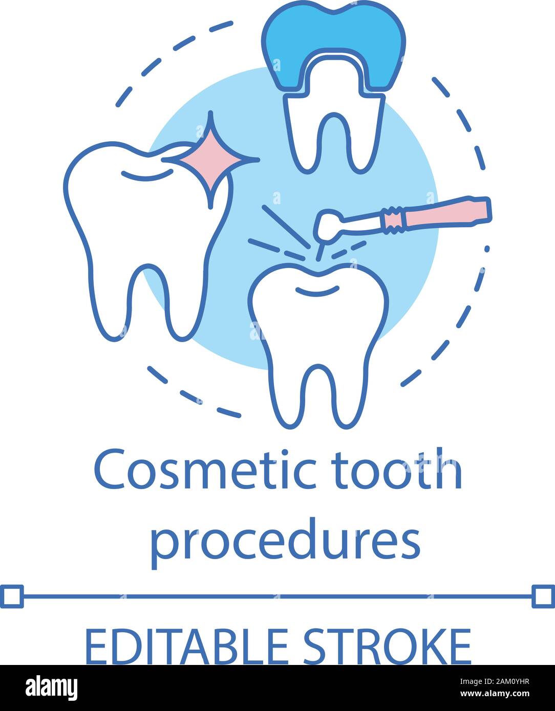 Procédures cosmétiques concept dent l'icône. La thérapie dentaire, blanchiment des dents et de la restauration. Traitement des dents couronne de réglage, idée fine ligne illustration. Vector Illustration de Vecteur