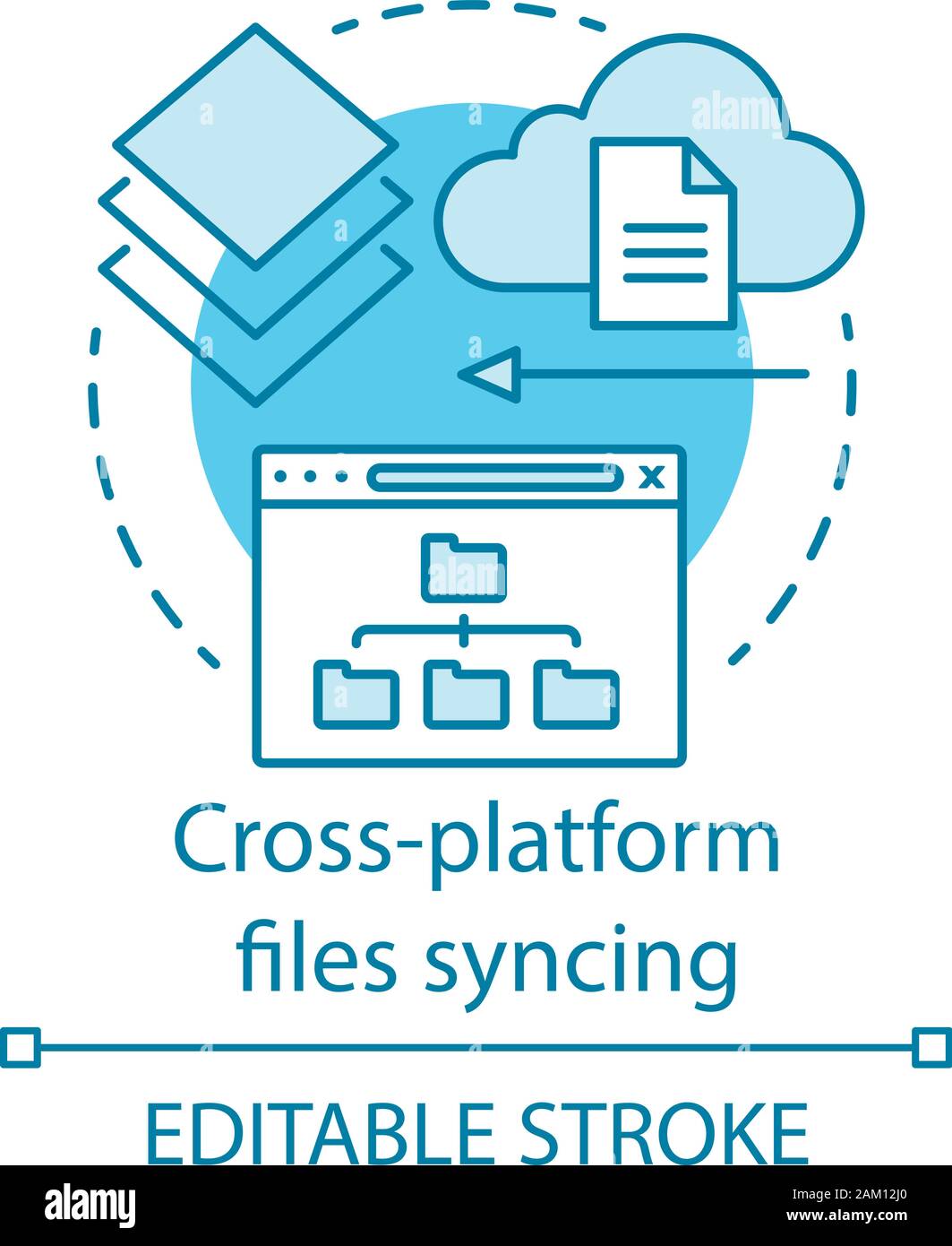 Synchronisation des fichiers inter-plateforme icône concept. Le cloud computing, l'idée de stockage distant ligne fine illustration. La synchronisation des données en ligne de la technologie. Vector Illustration de Vecteur