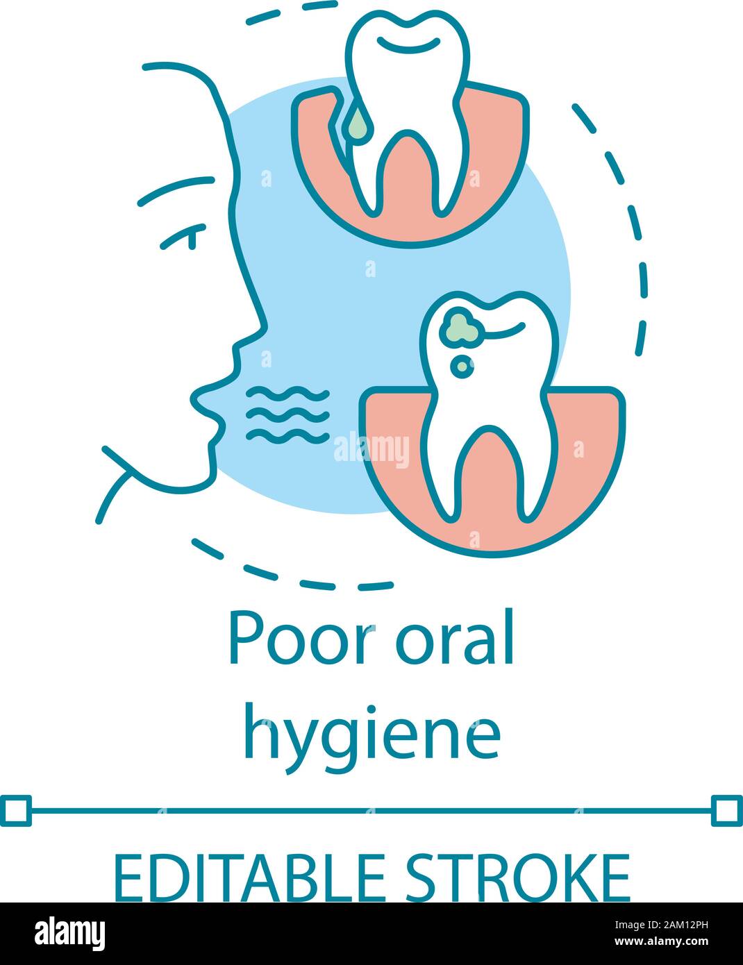 Une mauvaise hygiène buccale concept icône. La médecine dentaire problèmes du patient. La mauvaise haleine, la carie dentaire et des caries. Les maladies dentaires idée fine ligne illustration. Illustration de Vecteur