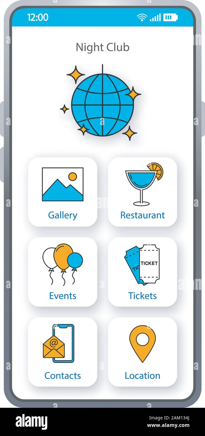Night club app smartphone interface vector modèle. Page de l'application Mobile blanc design mise en page. Gallery, restaurant, événements écran. Télévision L'ASSURANCE-CHÔMAGE pour discothèque ap Illustration de Vecteur Night club app smartphone interface vector modèle. Page de l'application Mobile blanc design mise en page. Gallery, restaurant, événements écran. Télévision L'ASSURANCE-CHÔMAGE pour discothèque ap Illustration de Vecteur